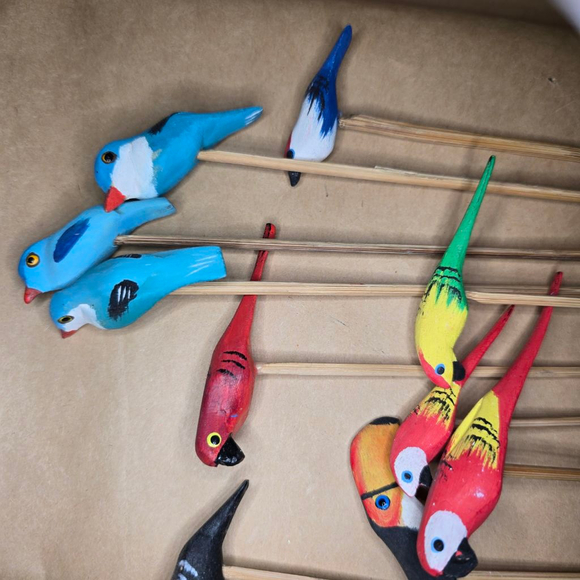 Vintage Hand Carved Wooden Bird Cocktail Drink Stirrers Set of 12 Barware - Picture 5 of 7